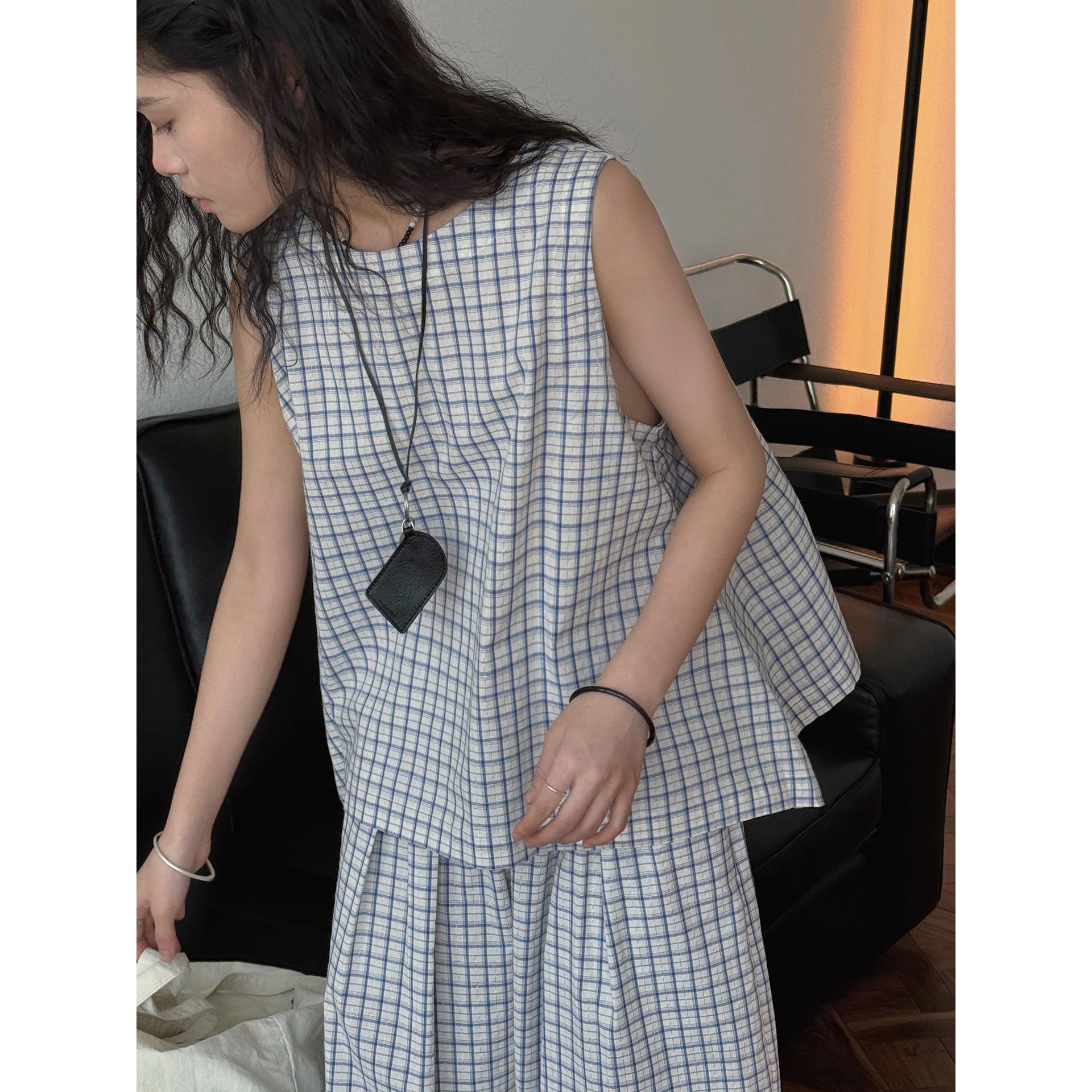 

Johnature Korean Simple Pullover Plaid Tops Summer Casual Thin Comfortable Sleeveless Tops Women M синий