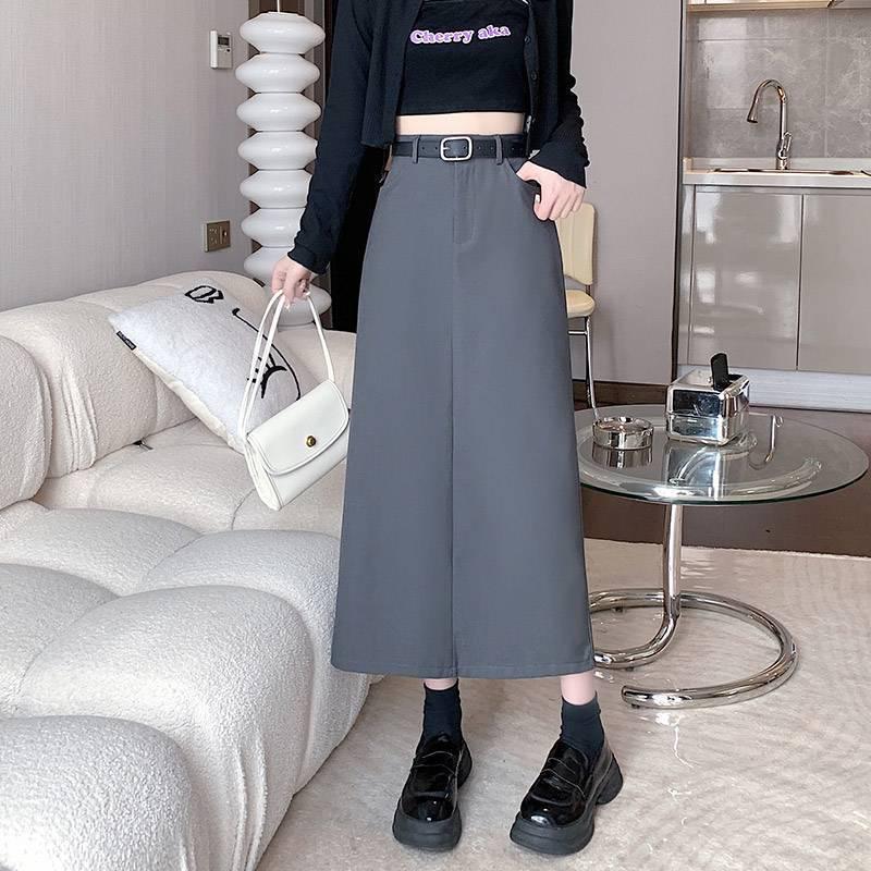 

Women s Gray High-Waist A-Line Midi Skirt with Slit XS