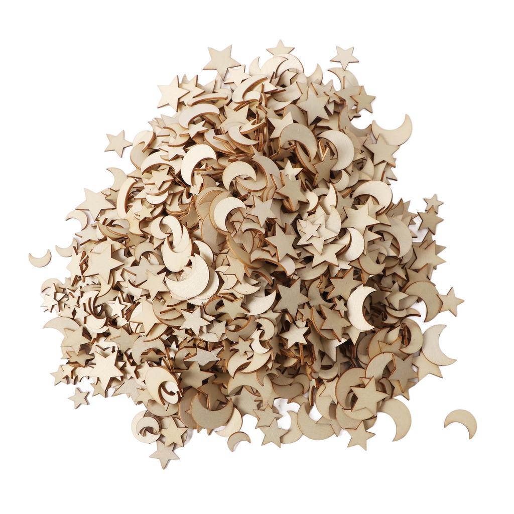 1000Pcs Wood Moon Star Cutout Slices Unfinished Star and Moon Shape Wood Cutouts for DIY Craft