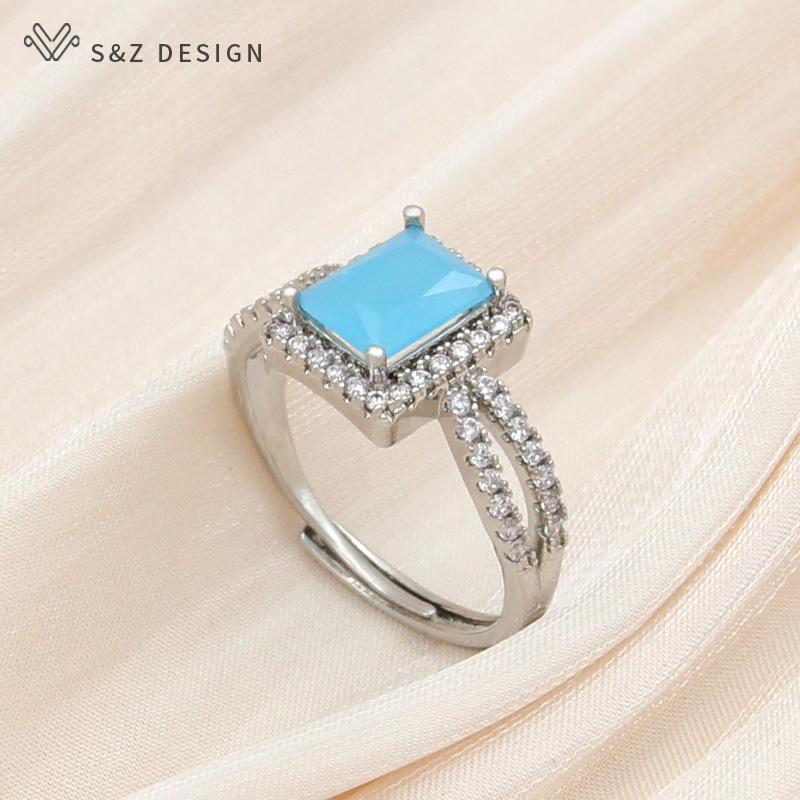 Trendy Luxury Rectangle Crystal Resizable Rings For Women Wedding Party Fashion Rose Gold Color Cubic Zirconia Jewelry Gift