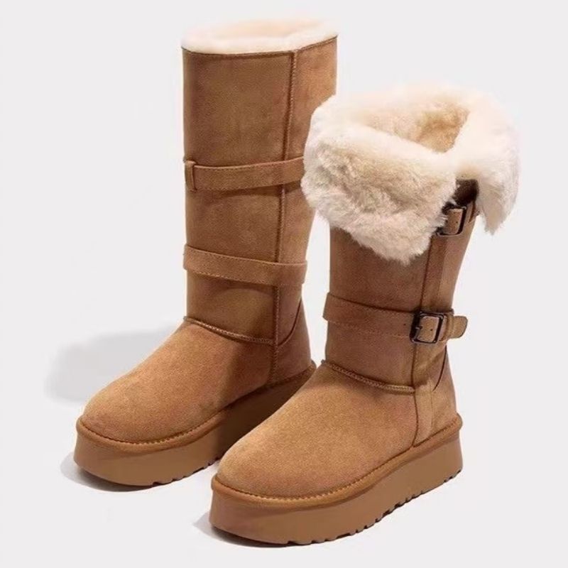 Dicksölig Samt verdickte Schneestiefel Damen Winter neu modisch vielseitig Gürtelschnalle warm mittelhoher Schaft Martin-Stiefel