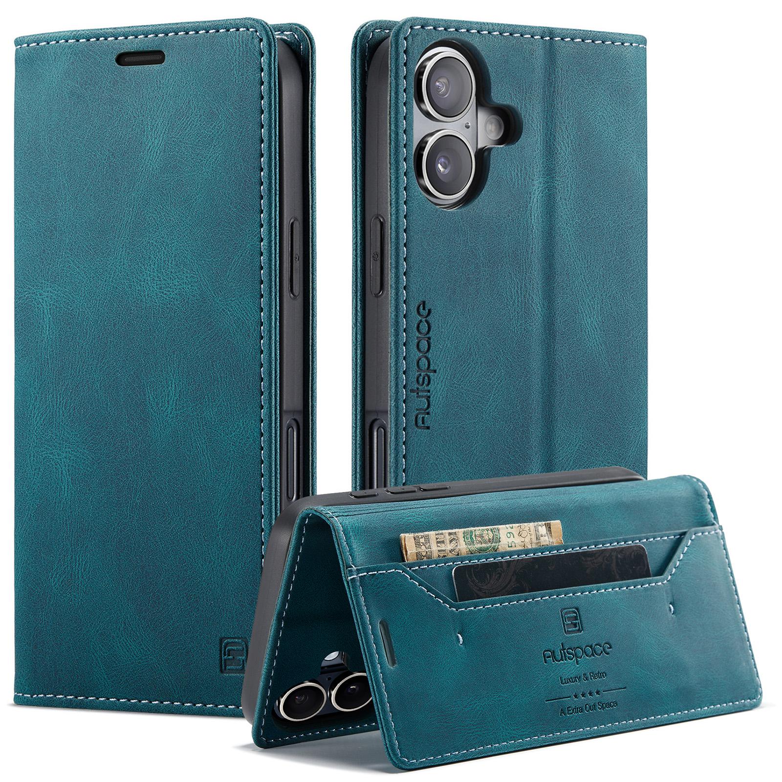 

For iPhone 16 Plus Wallet Case AUTSPACE A01 Leather Stand Cover with RFID Blocking Card Holder Blue