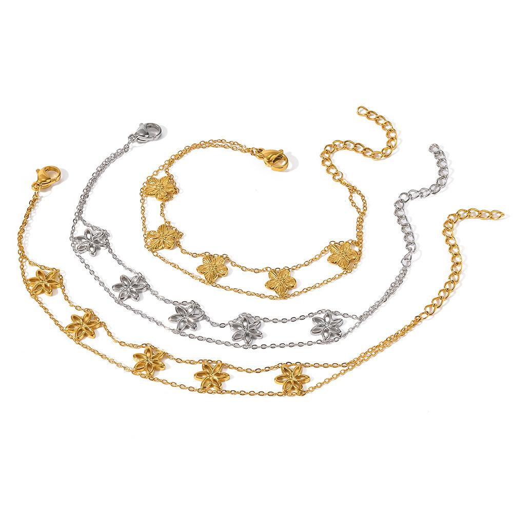 ins-plated 18k gold embossed hollow flower double-layer stacked bracelet stainless steel waterproof jewelry light luxury premium