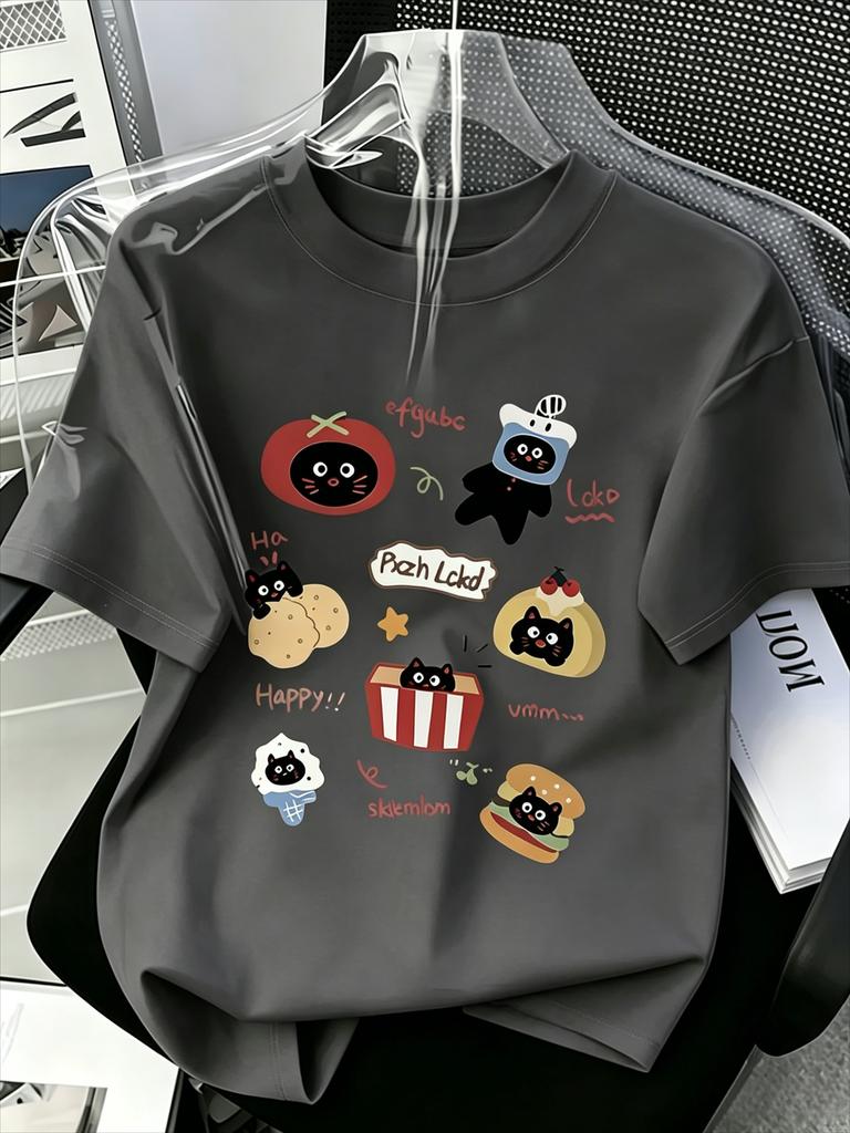 Cute Black Cat Snack Collage Hand Drawn Print T Shirt Kawaii Cartoon Pet Unisex Casual Soft Short Sleeve Graphic Tee