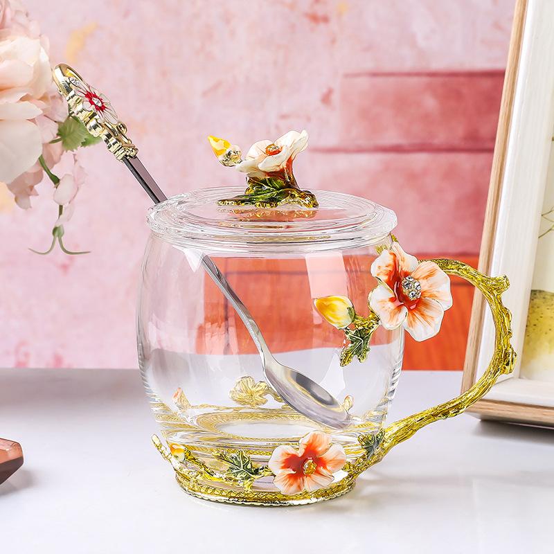 Enamel Color Flower Teacup Household Glass Afternoon Tea Water Cup Light Luxury Crystal Cup High Temperature Resistant Cup