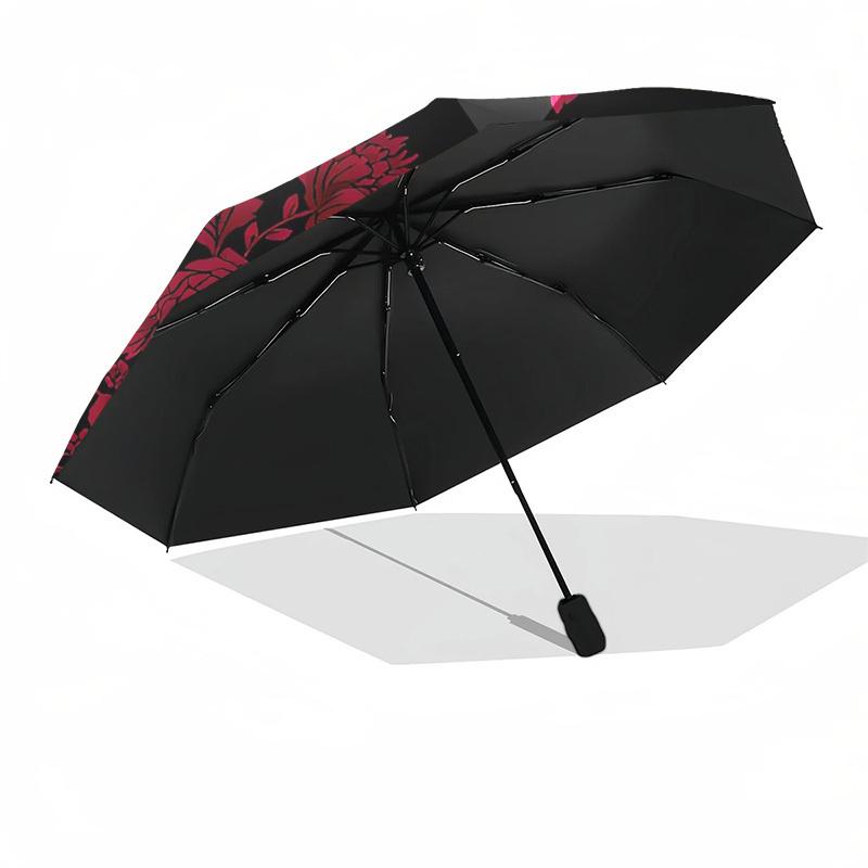 1pc Red Floral Pattern On Black Background Umbrella with Plastic Handle,Suitable for All Seasons Umbrellaptys26029