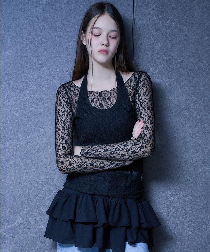 KOLEAT See-Through Wrinkle Lace Long Sleeve T-Shirt Inner [3 Colors] 619