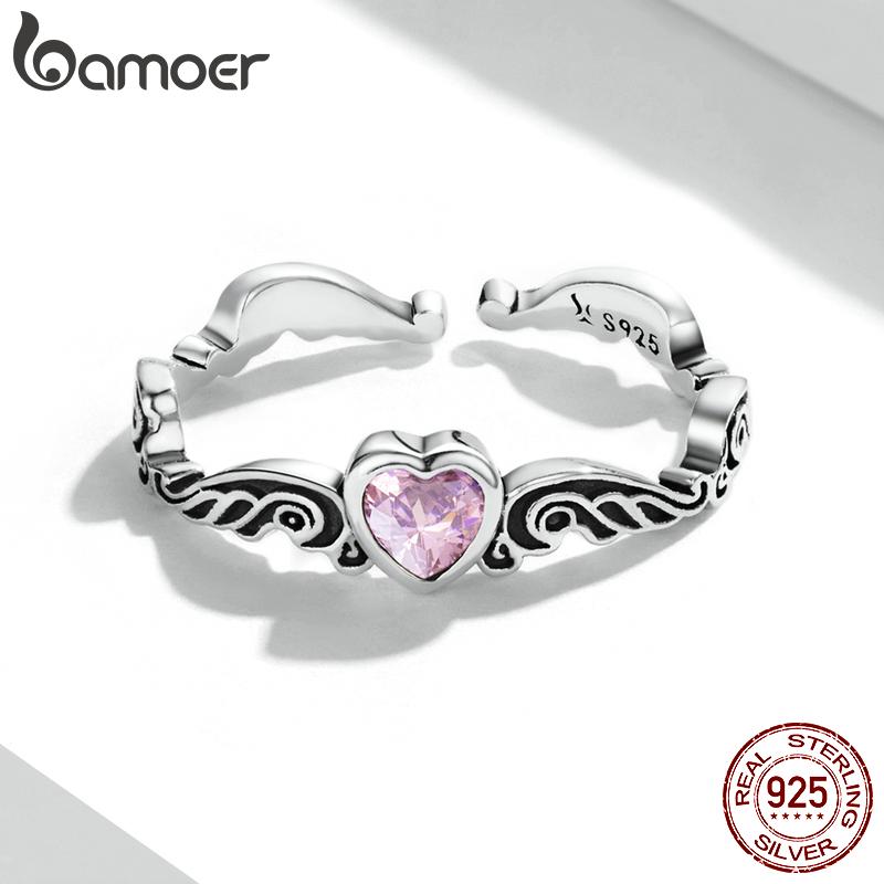 Bamoer 925 Sterling Silver Vintage Pattern Heart Ring for Women Adjustable Ring Fashion Jewelry