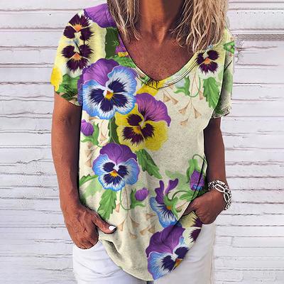 Women T-Shirt V-Neck Short Sleeve Tee Tops 3d Beautiful Floral Print Streetwear Fashion Casual Harajuku Ladies Loose Clothing