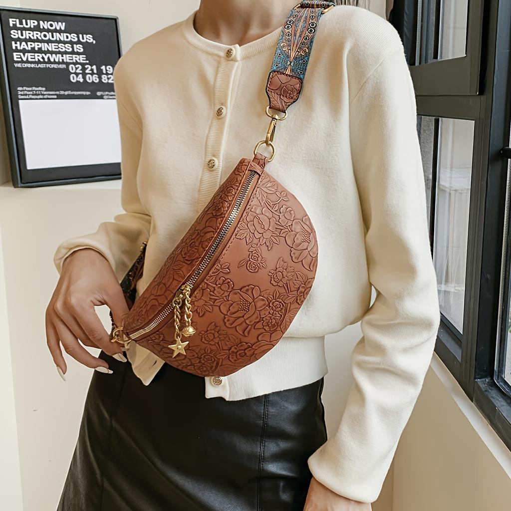 Wide Strap Classic Retro Elegant Flower Pattern Crossbody Bag, Textured Ethnic Fancy Pack