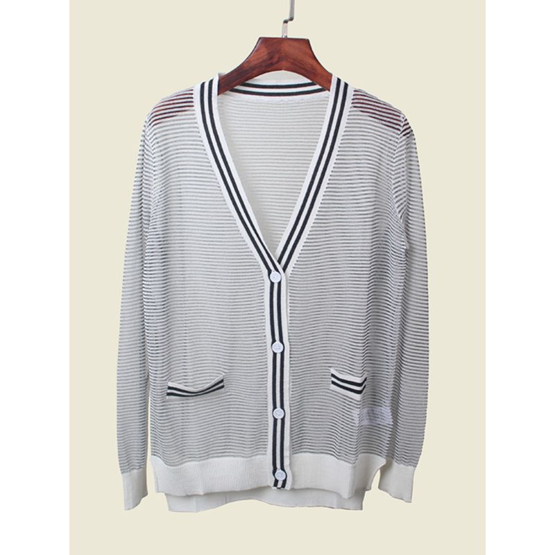French Style Normcore V Neck Long Sleeves Thin Color Matching Sun Protection Shirt Summer Hollow-out Elegant Knitting Cardigan Women