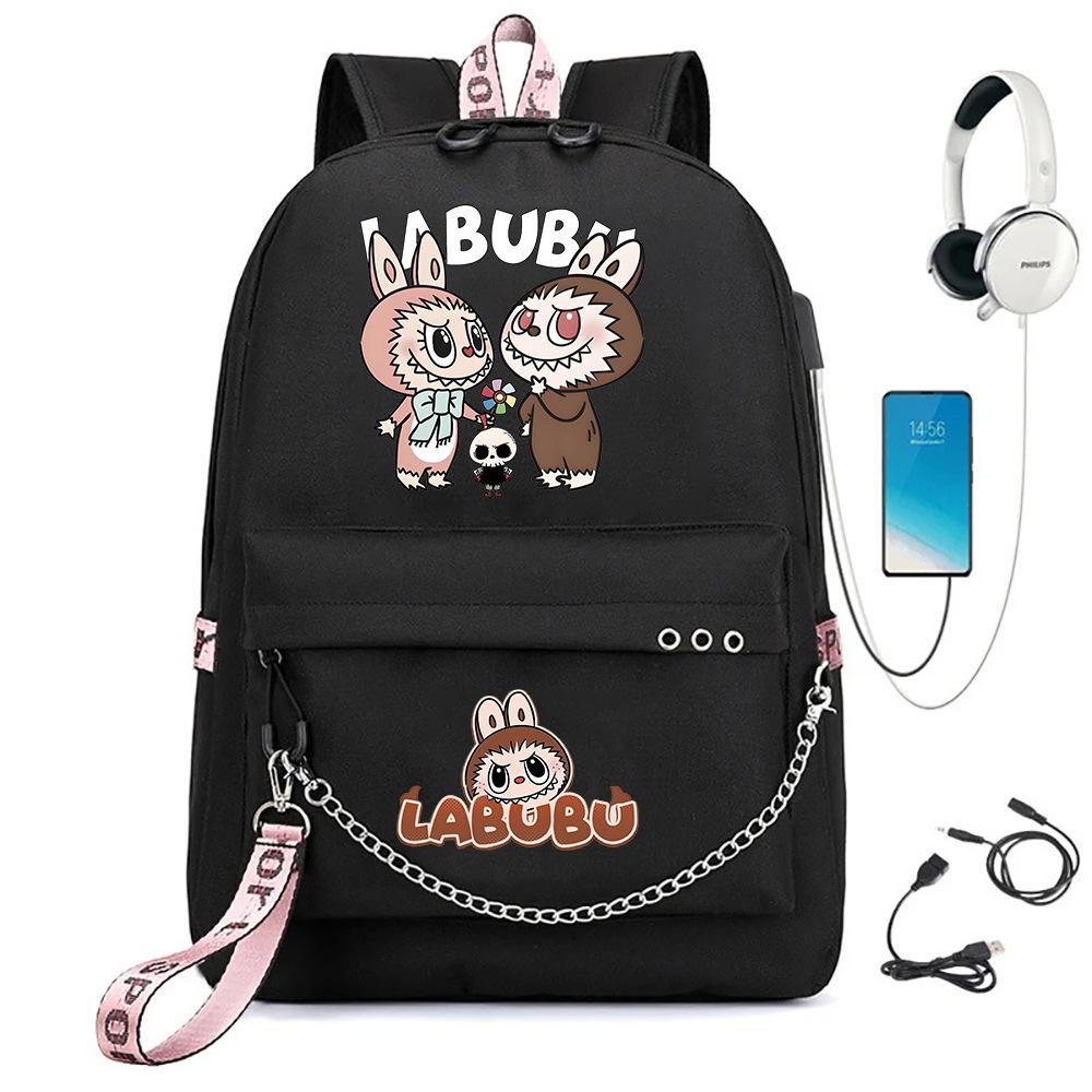 Labubu printed student bag iron chain trend backpack usb bag