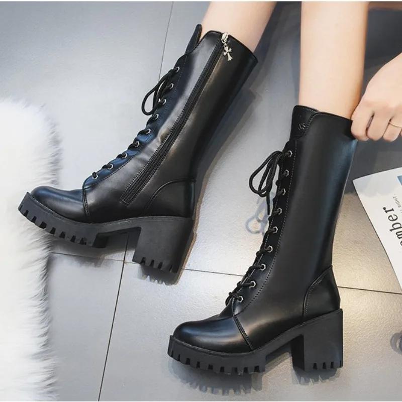 Fashion Women's Boots High Top 2025 Chunky Platform Pu Mid-Calf Boots Women Retro Punk Increasing Long Shoes Woman