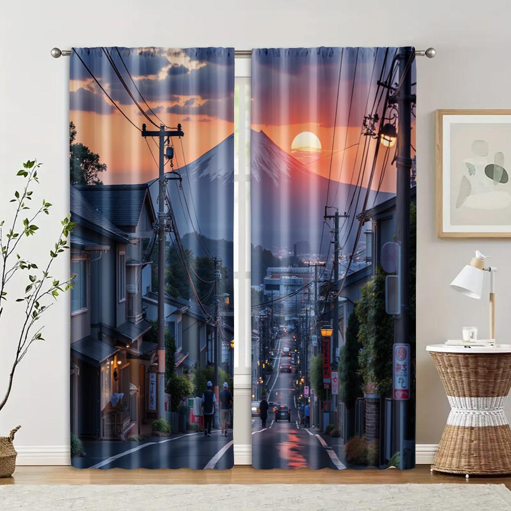

2 pcs filtering curtains (excluding rods non-movable without batteries) Vibrant Mount Fuji Sunset for use in bedrooms and 100*130 Rod Pocket 1pcs