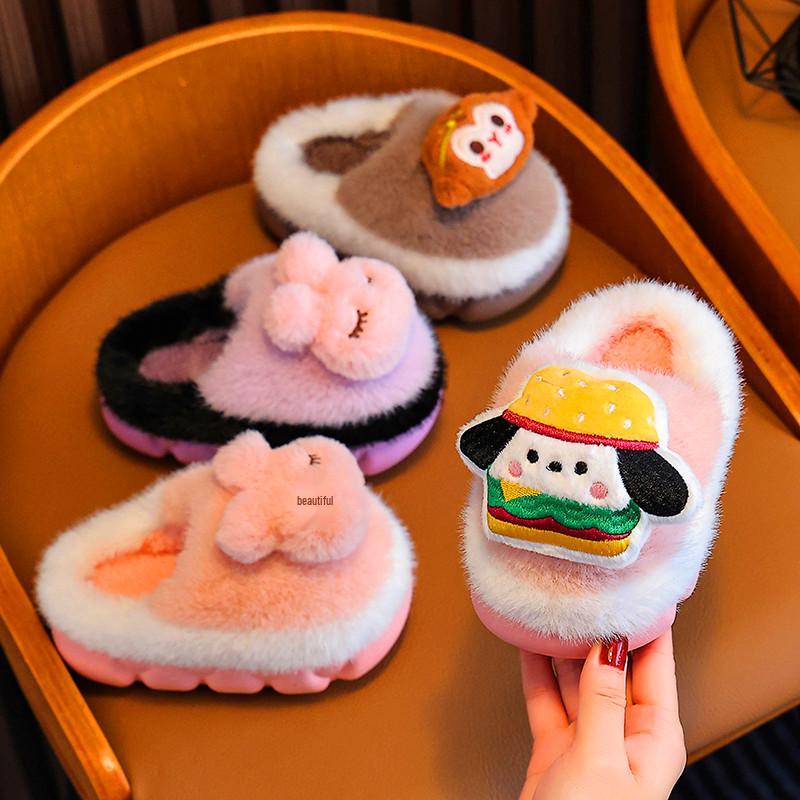 Children's Furry Cotton Slippers - Boys & Girls Half-Covered Warm Shoes for Autumn/Winter 2025
