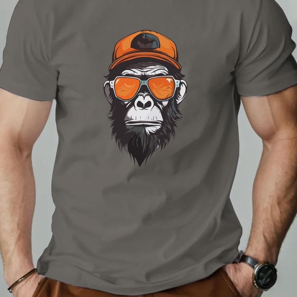 Men's Summer 100% Pure Cotton Fashionable Casual Sports Loose Monkey Pattern Printed Round Neck Short Sleeved T-shirts