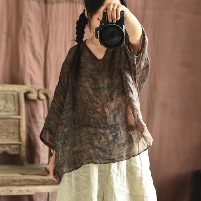 Johnature Frauen Vintage Ramie Print Floral T-Shirts Lose V-ausschnitt Sieben Ärmel T-shirts Sommer Dünne Frauen T-Shirts