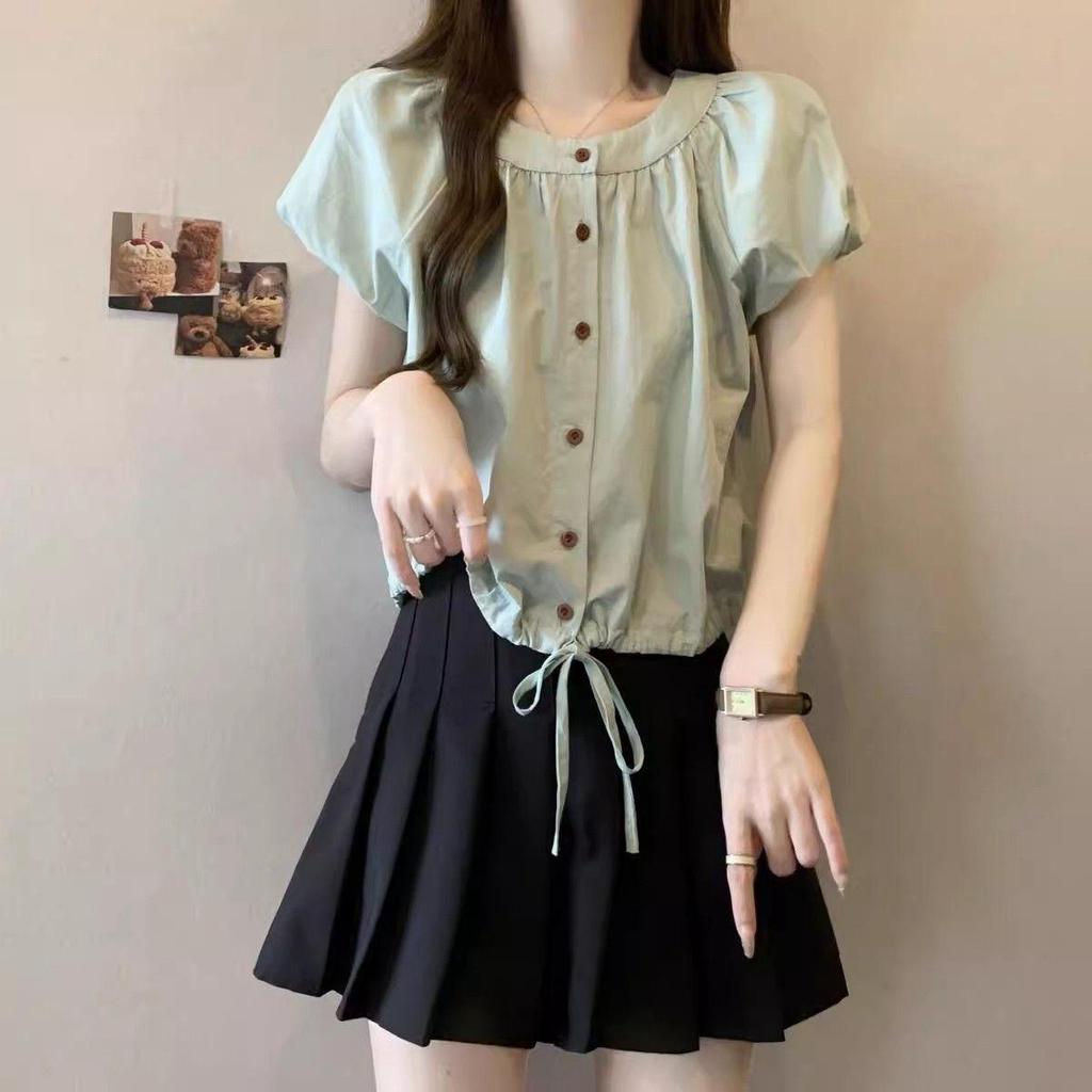 Plus Size Women's French Retro Doll Collar Short Sleeve Lace-up Top - Summer 2025 Casual and Versatile Shirt