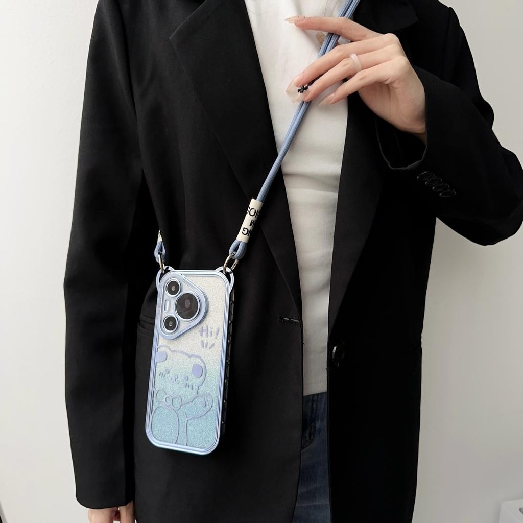 Cute Cartoon Bear Oblique Span Lanyard Suitable for Huawei Pura70pro Electroplated Mobile Phone Case Mate60 Three-dimensional Women