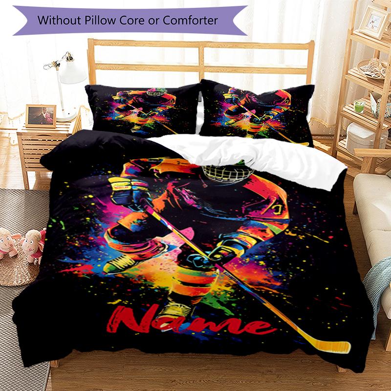 3pcs Custom Name ice hockey Bedding Set Duvet Cover Closure Includes 1 Duvet Cover & 2 Pillowcases, Soft and Comfortable for All Seasons.