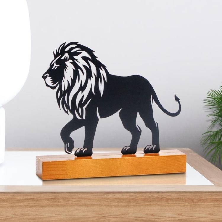 Metal Lion Statue with Wood Base Centerpieces Table Top Sign Hollow Out Iron Art Animal Sculpture Desktop Ornament Gift
