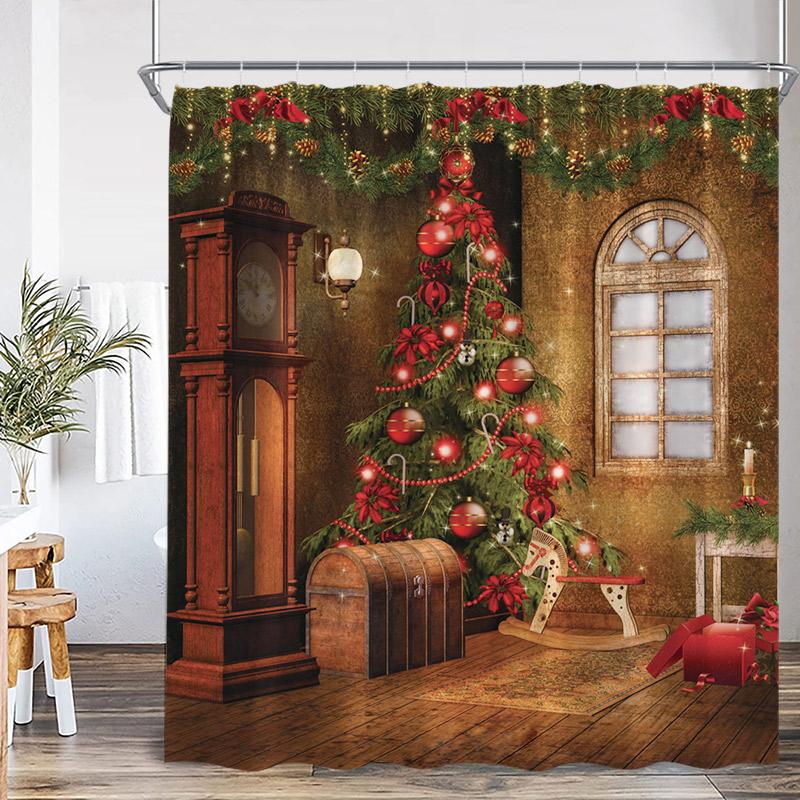 Jultomten Jul Duschdraperi Vinterhus Julgran Gåva Katt Öppen spis Badrumsgardin Tyg Hem Badrumsinredning med Krokar