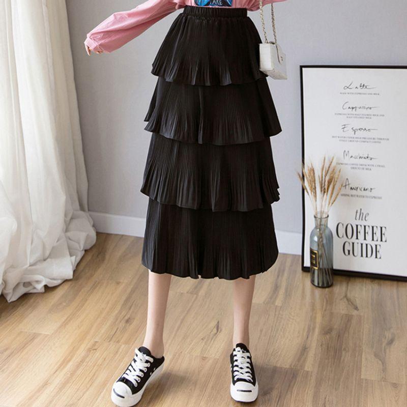 

Solid Color High Waist Pleated Cake Skirt Pure Color High Waist Pleated Tiered Skirt Black One Size