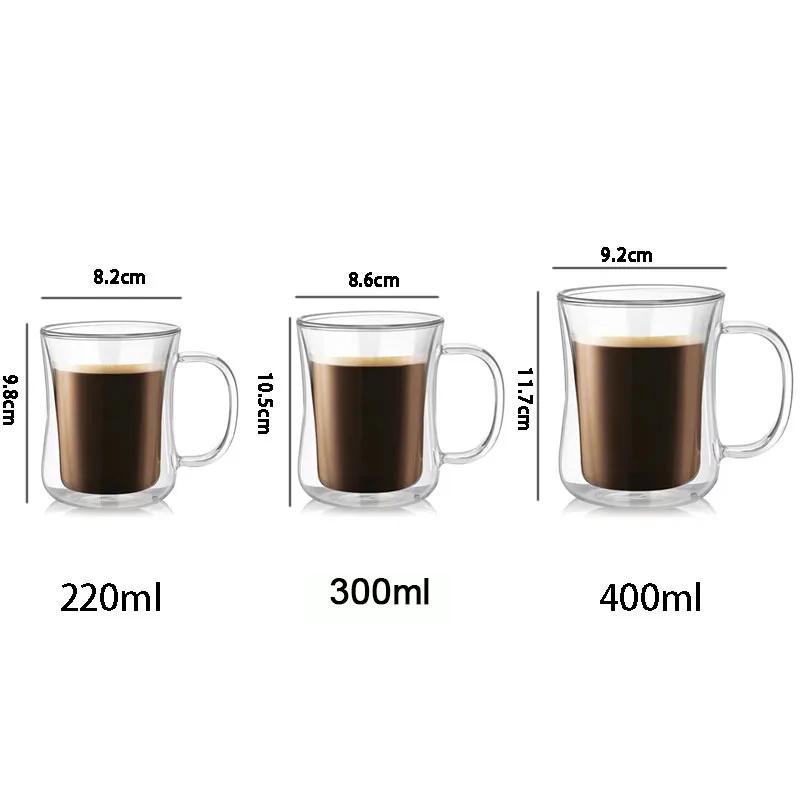 YWDL 220/300/400ml Double Wall Glass Espresso Cups Clear Coffee Mug With Handle For Hot Cold Beverage Milk Juice Drinkware Set