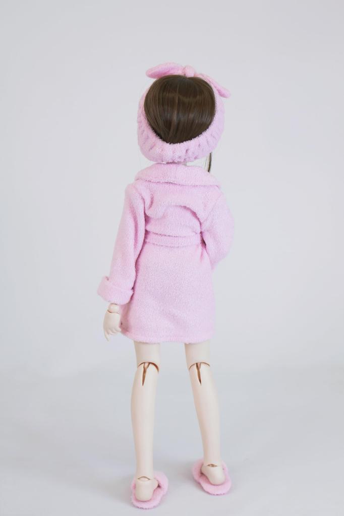 [Petite Marie] 13 MDD Compatible Bathrobe, Slippers, Hair Band 3-piece Set Pink Nightgown Loungewear After Bath Gown Pajamas 40cm Doll BJD Doll