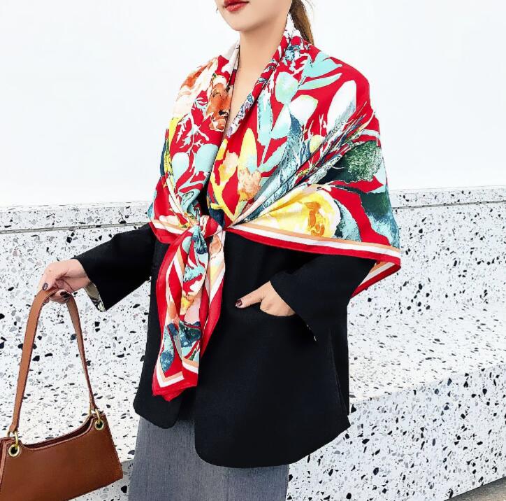 Women Twill Silk Shawl Large Square Scarf 130*130cm Rose Floral Design Oversize Scarves Lady Gifts Present Scarves