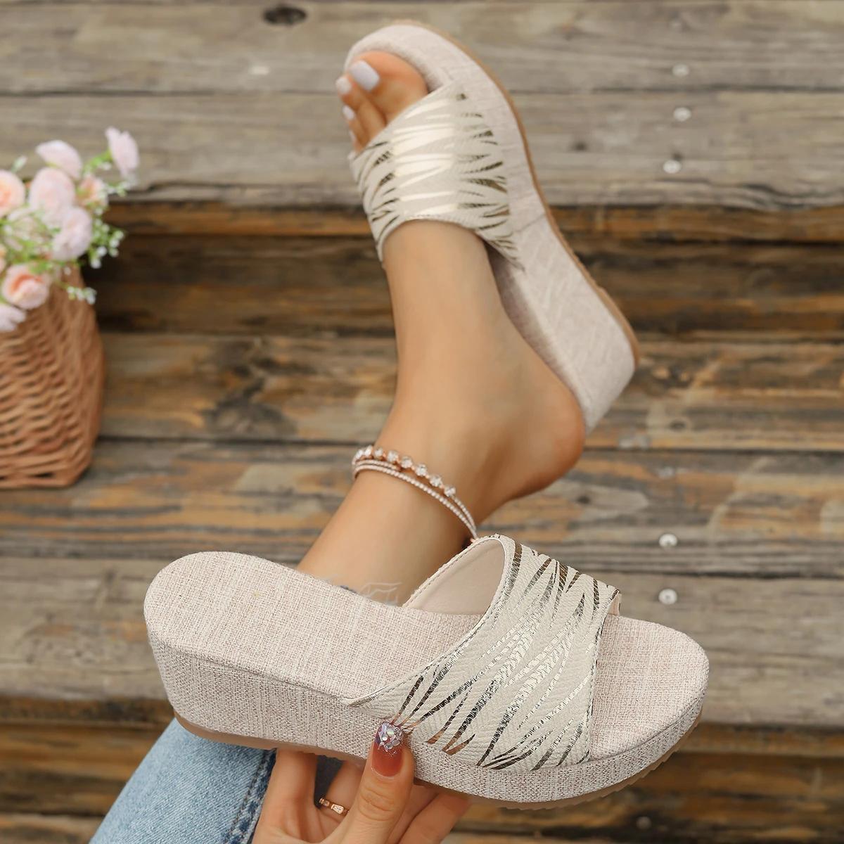

New Summer Women Slippers Big Size Slip on Casual Slippers Wedge Designer Shoes for Women Platform Sandals Slides Women 36 золотой
