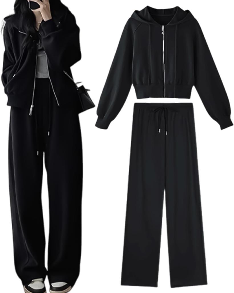 Hoodie and Sweatpants Korean J.STORE Women's 2-Piece Set, Sportswear, Camping, Style, Spring/Summer, Black, 5S-J04-BKM