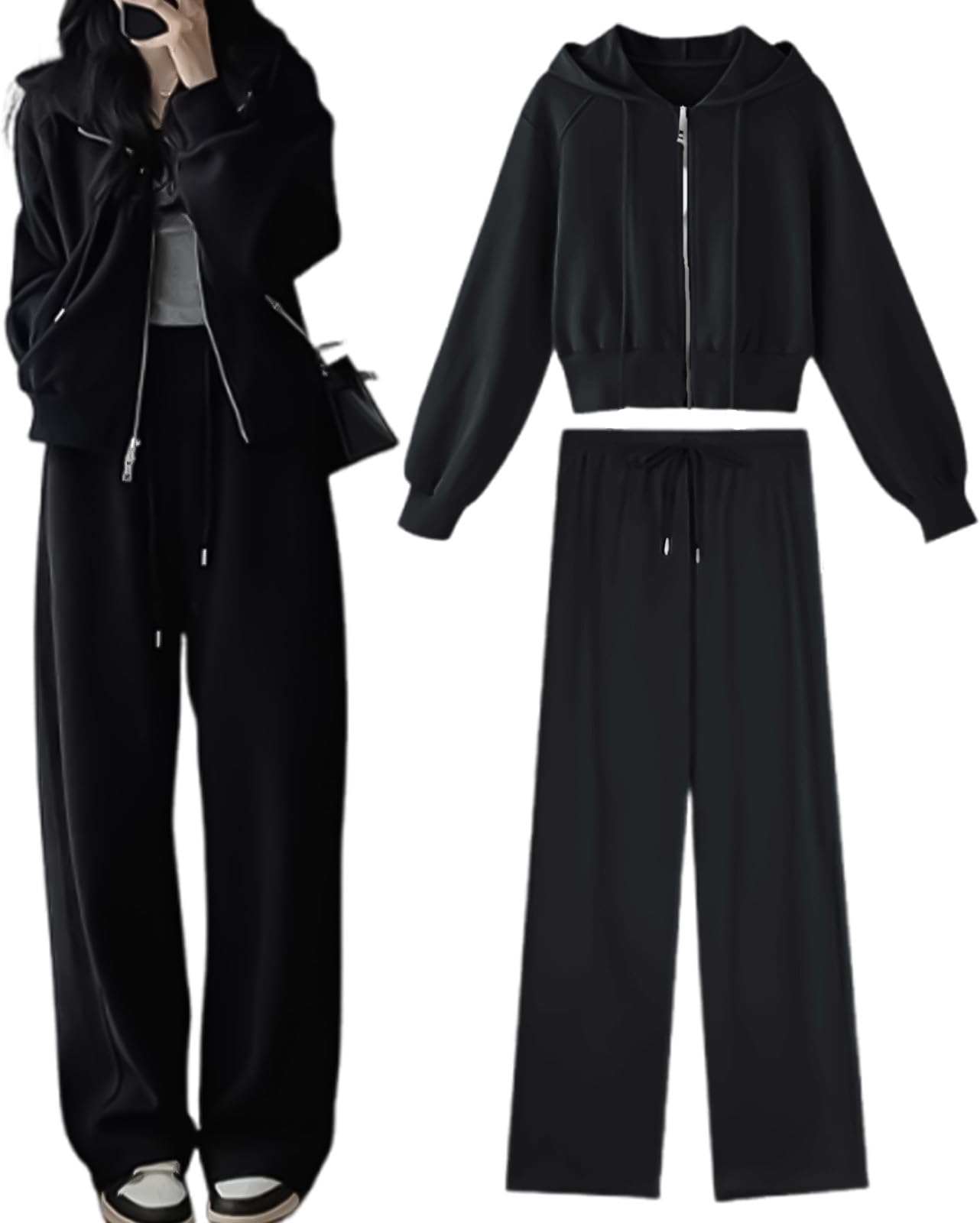 

Hoodie and Sweatpants Korean J.STORE Women s 2-Piece Set, Sportswear, Camping, Style, Spring/Summer, Black, 5S-J04-BKM