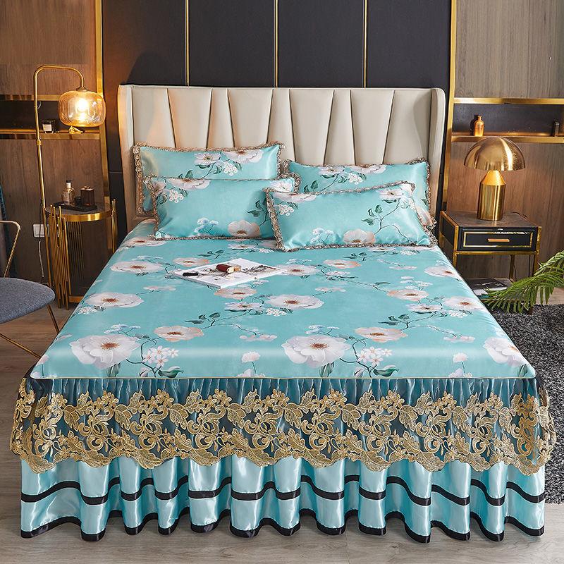 Summer Bed Skirt One-piece Lace Princess Style Ice Silk Bed Cover (Three-piece Set) Machine Washable Bed Cover