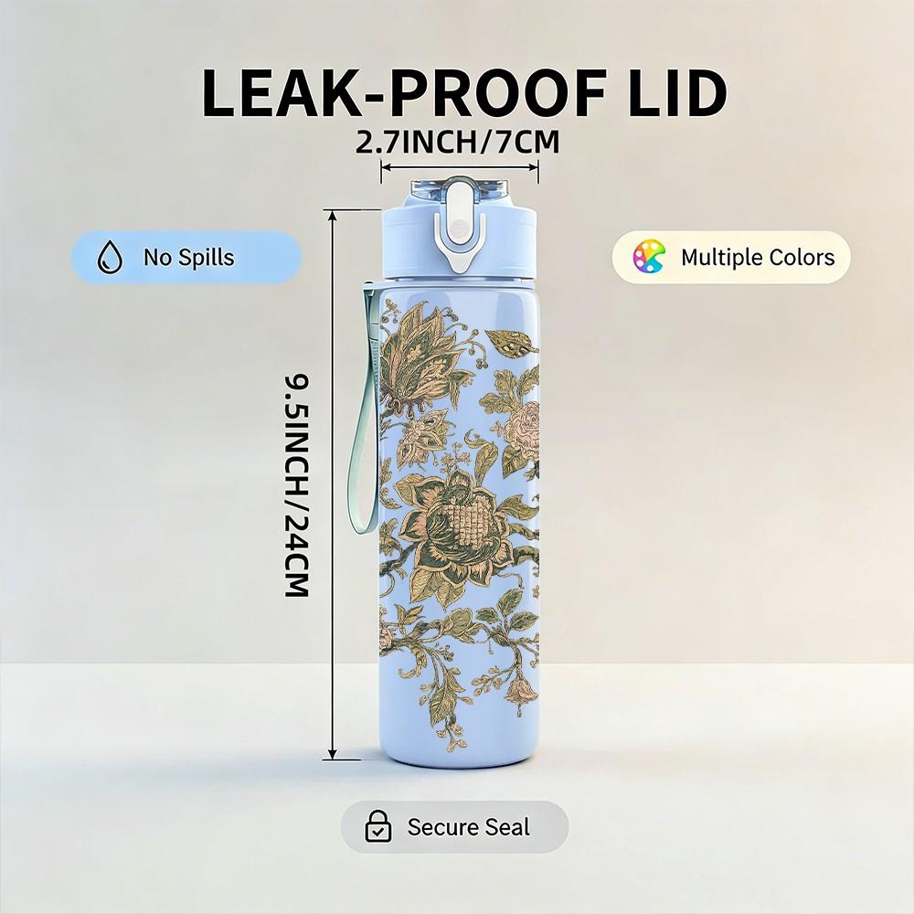 1PC Muted Vintage Botanical Leaf Print 750ml Color Plastic Sports Water Bottle Leakproof Flip Straw Lid Suitable for Sports Office Home Use