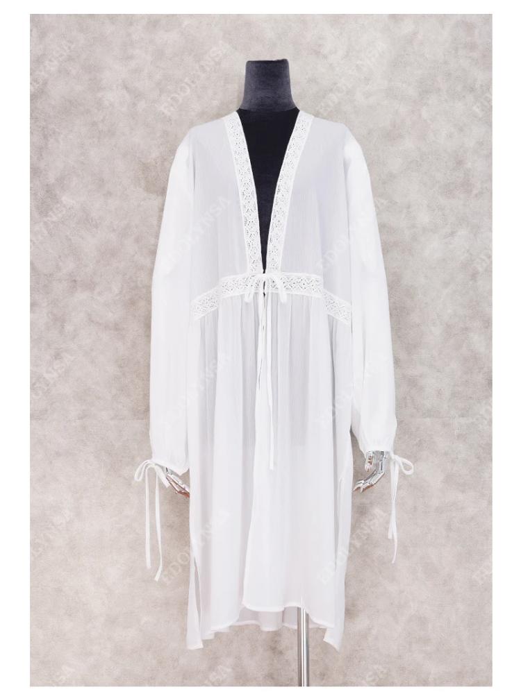 Elegant White Chiffon Women's Lace Long Sleeved Bow Cardigan Bathing Suit Cover Ups Beach Sarong Robe de Plage Tunic  Q947
