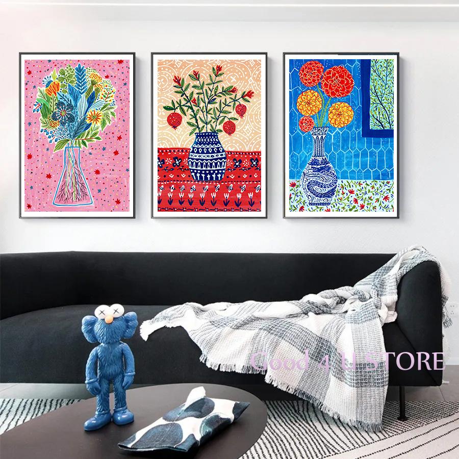 Griechischer Blumenstrauß Pflanzen Granatapfelblüte Dahlie Vase Boho Botanisches Poster Leinwandmalerei Wandkunst Bilder Heimdekor Geschenk