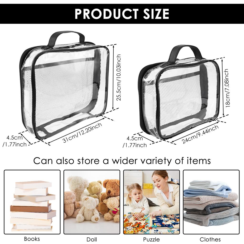 4PCS Clear PVC Organizing Bag Waterproof Zippered Toy Storage Bag Large Capacity Block Organizer Case with Mesh Side Pocket