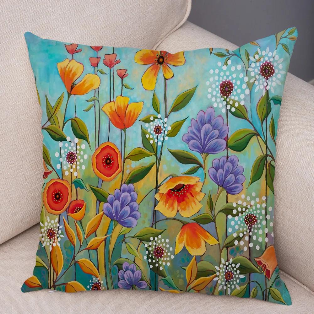 Nordic Watercolor Flower Pillowcase Soft Plush Decor Cartoon Floral Plant Cushion Cover for Sofa Home Children Room Pillow Case