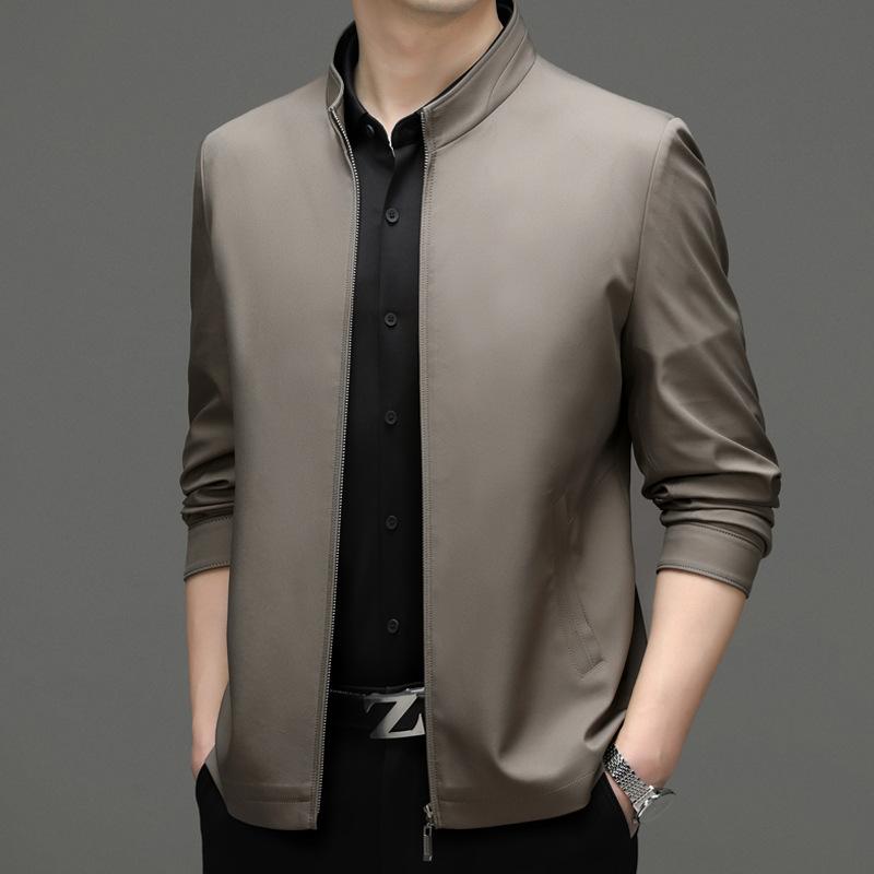 Spring New Solid Color Zipper Jacket Men's Trend Casual Stand-up Neck Jacket Middle-aged Formal Coat