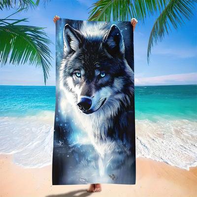 1pc Ultra-Soft Microfiber Beach Towel - Camping - Vibrant Wolf Design with Tropical Beach Scene, Camping Gear, Gym Accessory