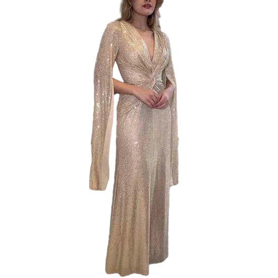 Abito da sera da donna Maniche divise Profondo scollo a V Paillettes lucide Vestibilità attillata Vita stretta Nodo Pieghettato Lunghezza intera Tinta unita Lady Prom Banchetto Abito lungo