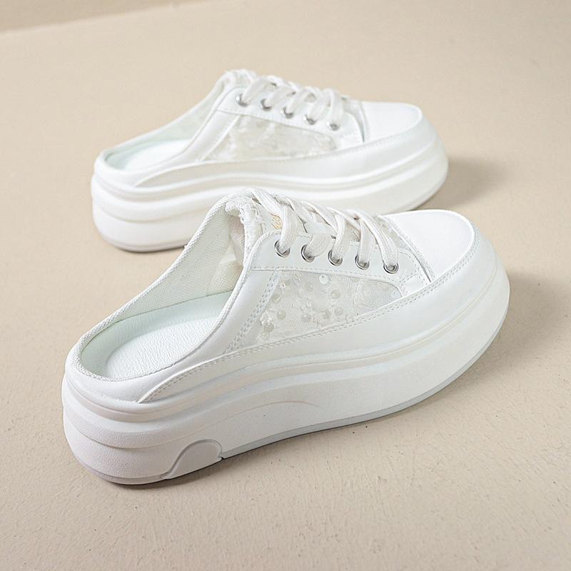 

Кружевные сетчатые дышащие туфли-полусапожки с пайетками, женские туфли на платформе с утолщенной подошвой, лето 2025, новые маленькие белые туфли 35