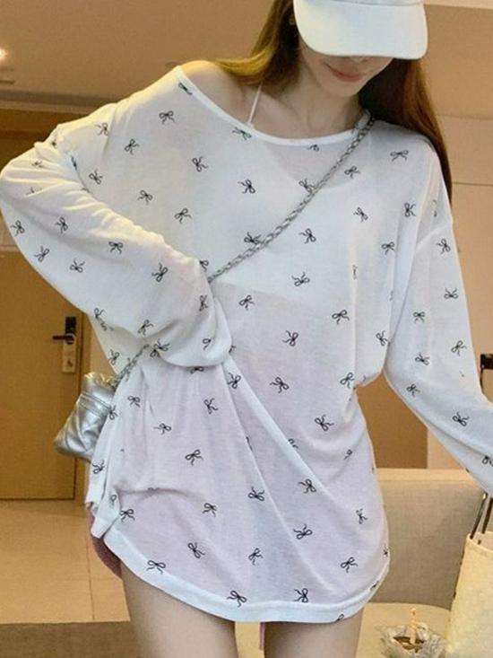 Women's Sheer Bow Print Long Sleeve Sun Protection Top - Spring/Summer Casual Cover-up