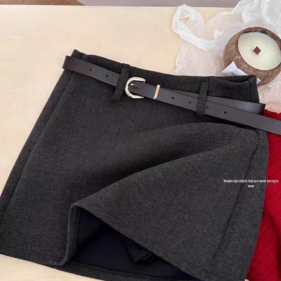 Gray Wool Blend High-Waist A-Line Skirt: Women's Autumn/Winter Slimming, Versatile, Anti-Exposure Design