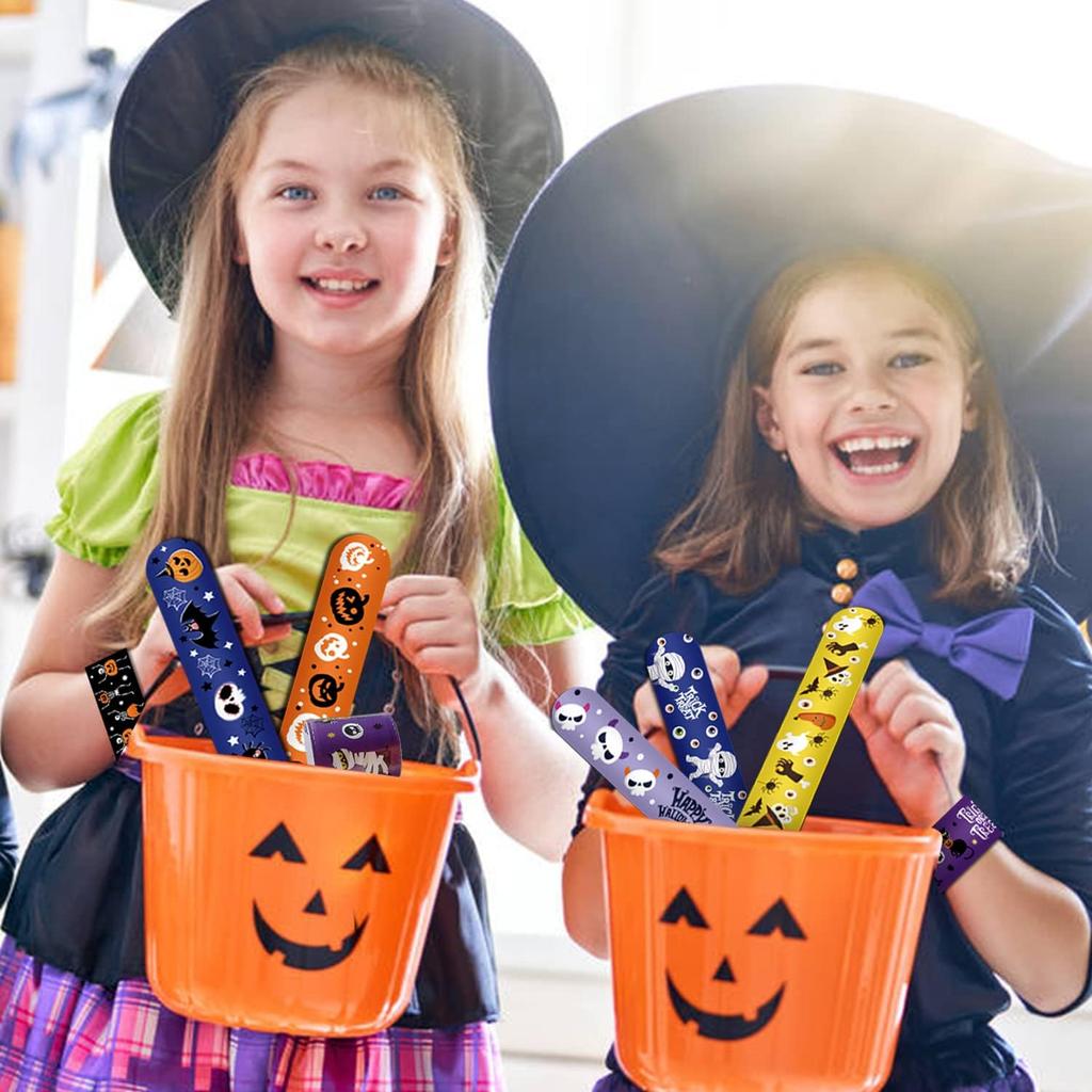 CCINEE 48pcs Halloween Slap Bracelets,Kids Snap Bracelet Wristbands with Assorted Bulk Pumpkin Zombie Skull Ghost Witches for Trick or Treat Gift Bag