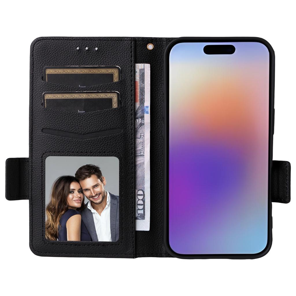 For iPhone 17 Case with Wrist Strap Litchi Texture PU Leather Wallet Phone Cover