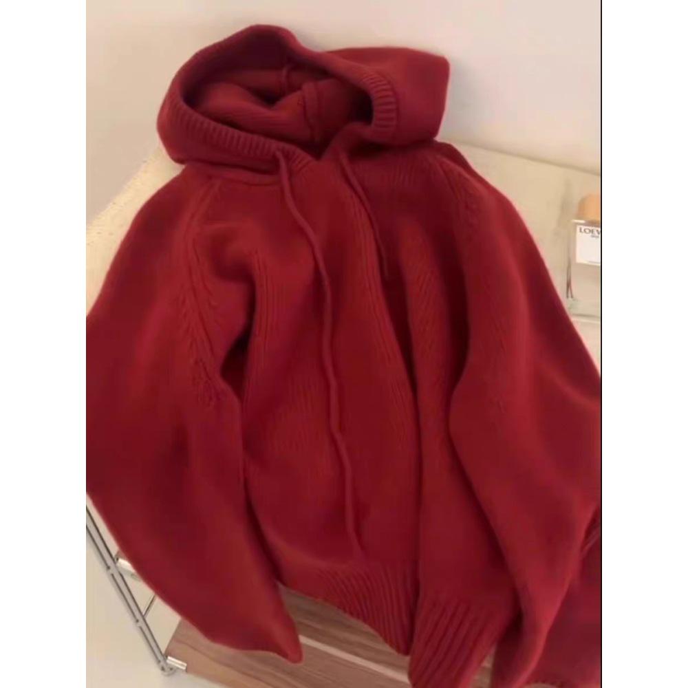 Women's 100% Pure Wool Hooded Knit Sweater - Solid Color Loose Pullover