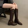 Vintage Leather Boots Women Belt Buckle Pointed Platform Western Cowboy Boots Autumn Winter Deep Vmouth High Tube Casual Boots