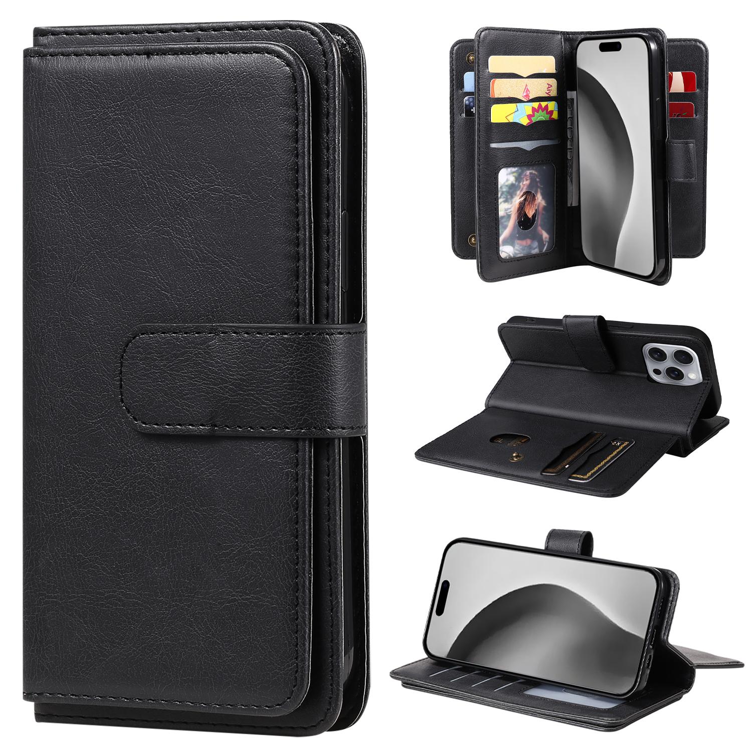 

For iPhone 16 Pro Max Leather Case with 10 Card Holder Phone Cover Stand Black
